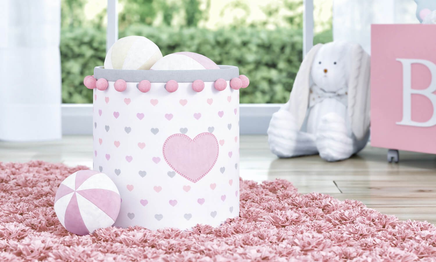 Cesto Organizador para Brinquedos Pompom Corações 24cm