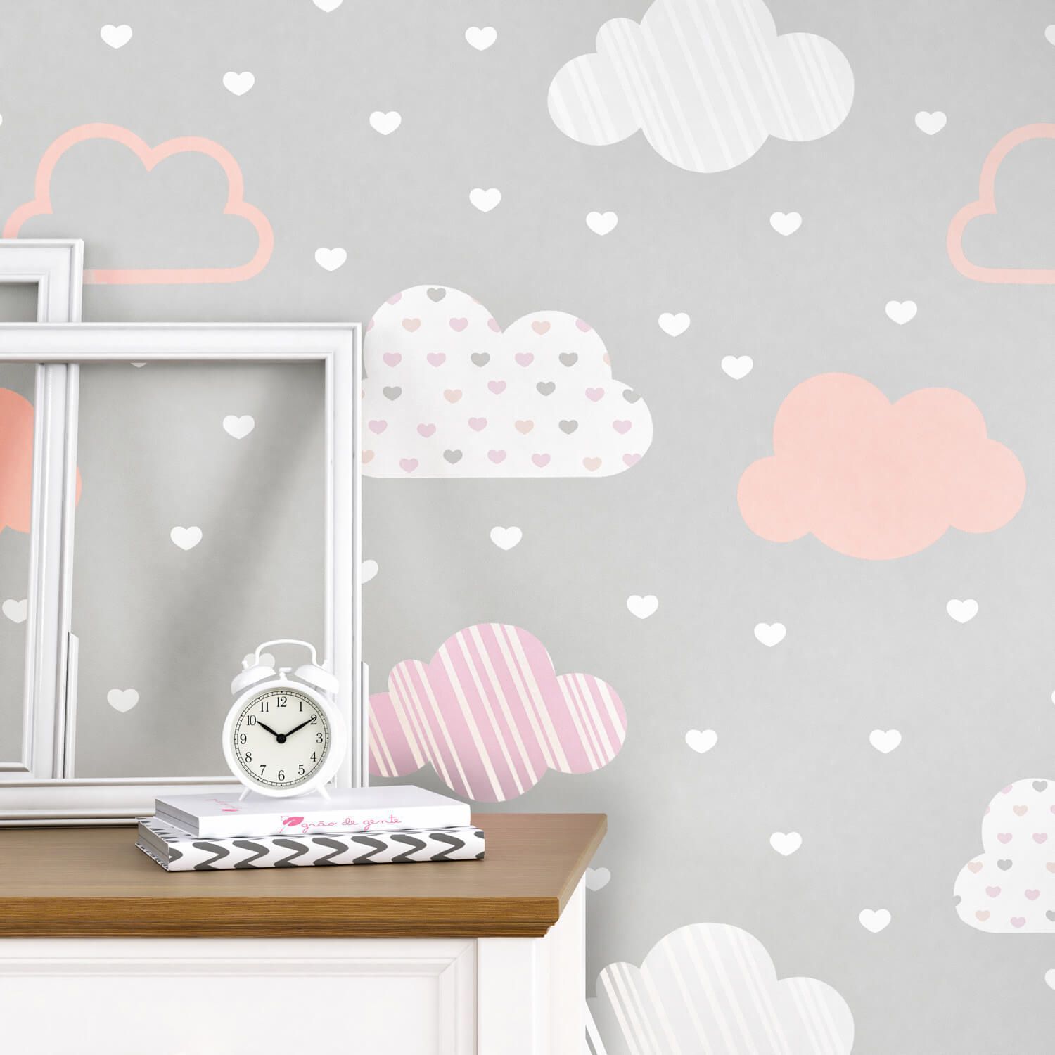 Papel de Parede Chuva de Amor Cinza/Rosa 3m