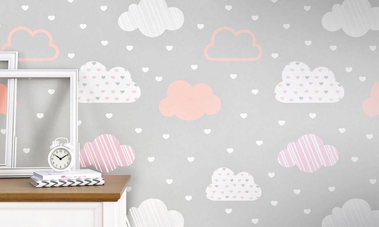 Papel de Parede Chuva de Amor Cinza/Rosa 3m