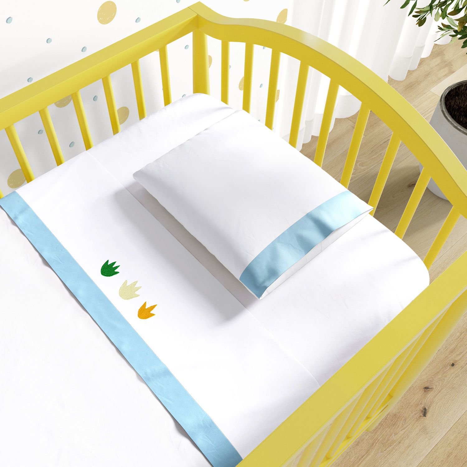 Jogo de Lençol Berço Bordado Pegadas de Dinossauros 3 peças