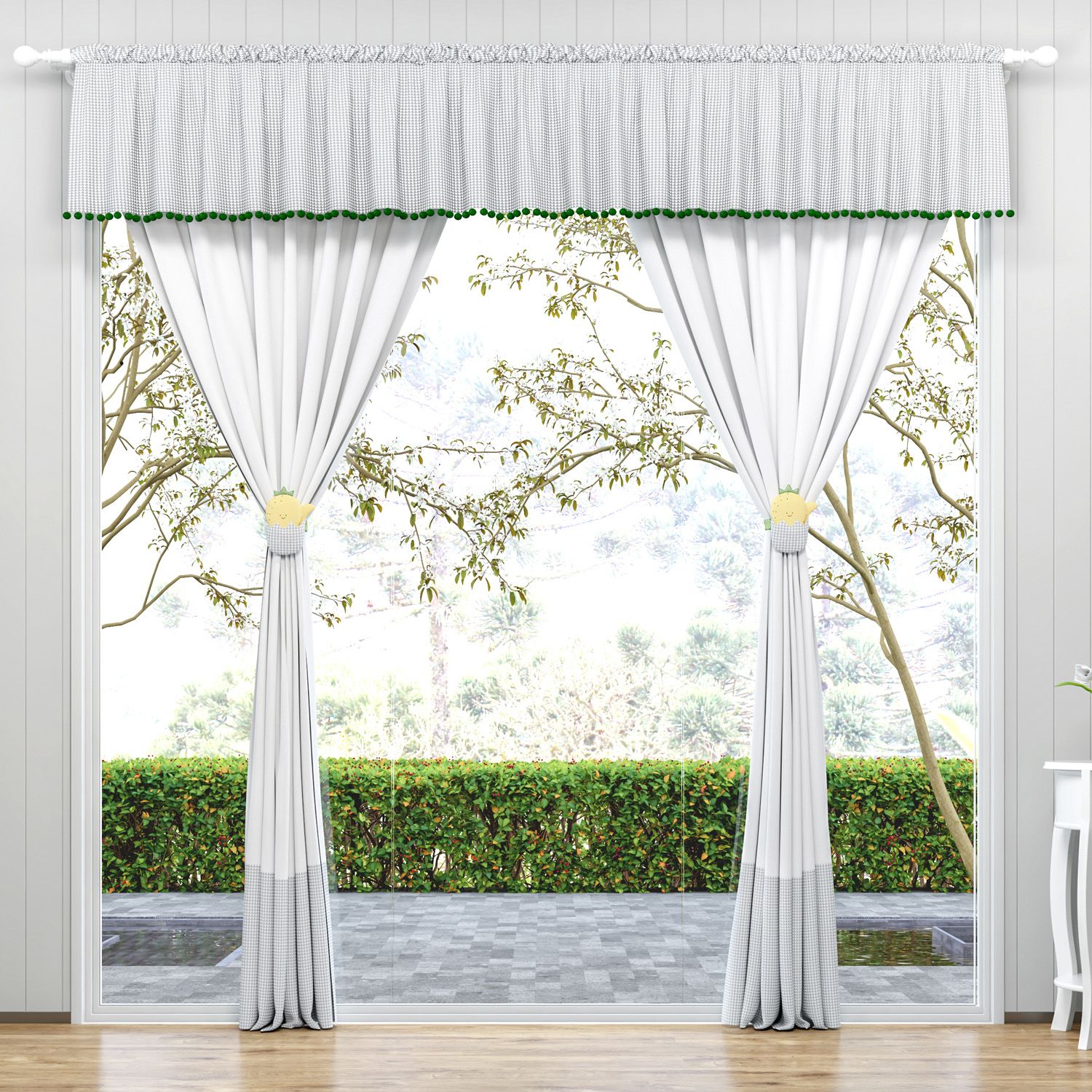 Cortina Pompom e Triângulos Cinza