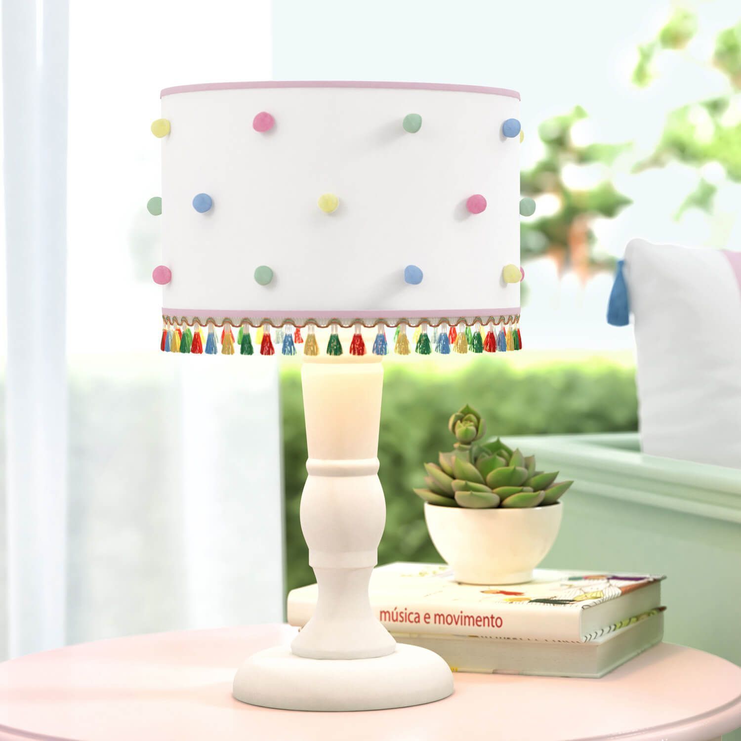 Abajur Madeira Pompom e Tassel Colorido