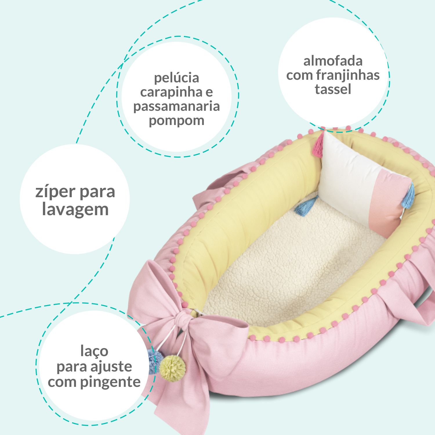 Ninho para Bebê Redutor de Berço Pompom e Pelúcia 78cm