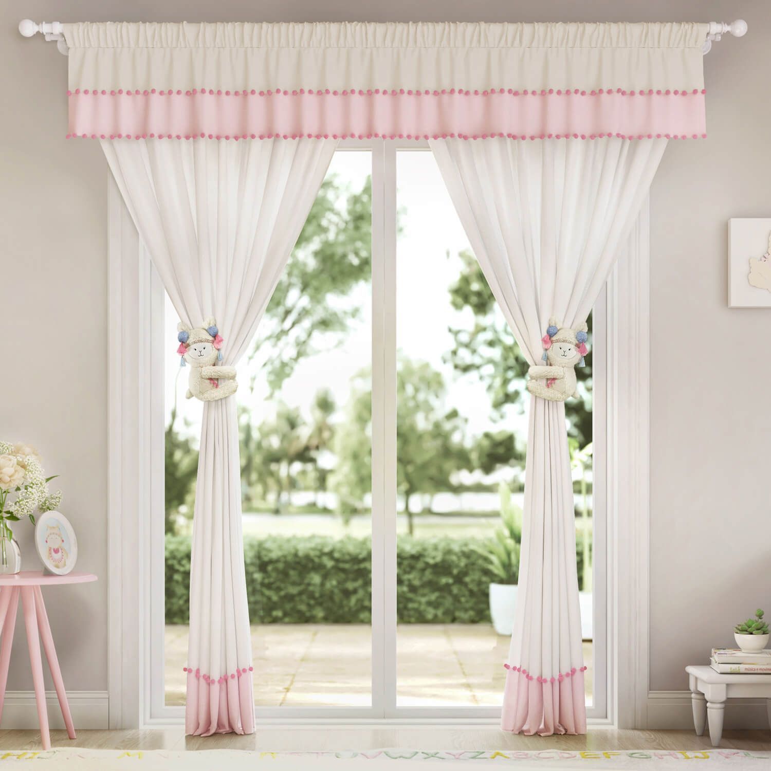 Cortina Pompom Palha/Rosa