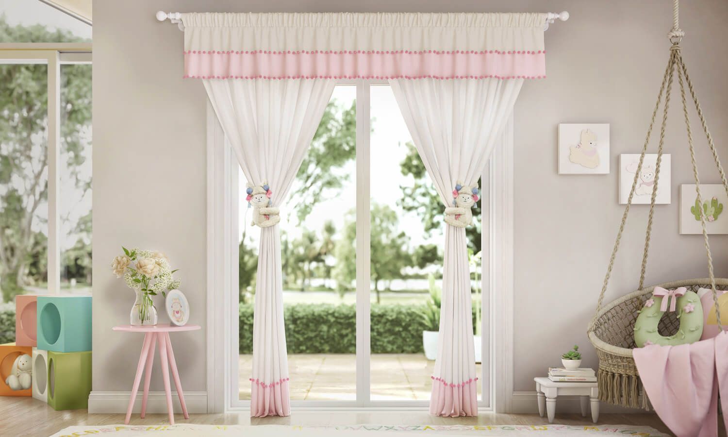 Cortina Pompom Palha/Rosa