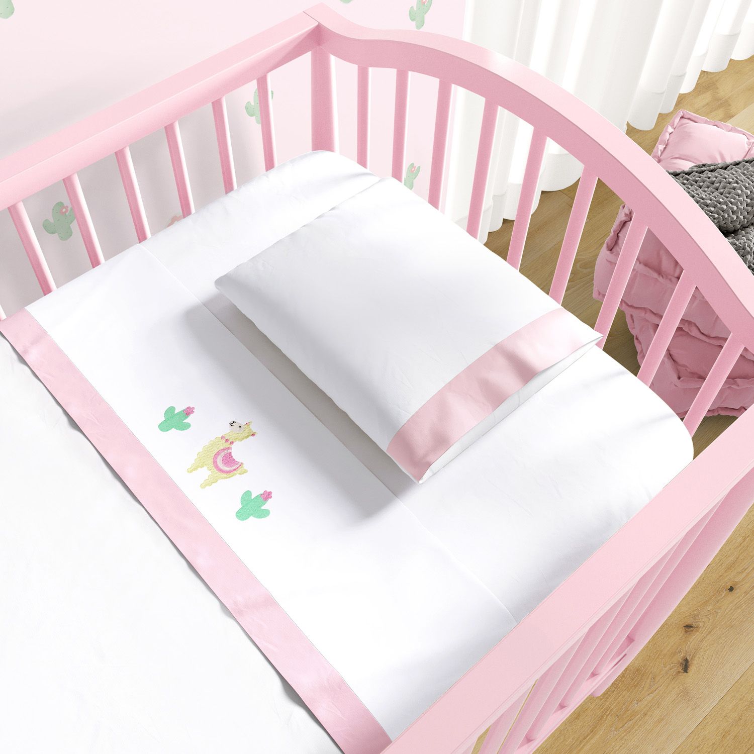 Jogo de Lençol Berço Bordado Amiguinhas Lhamas 3 peças