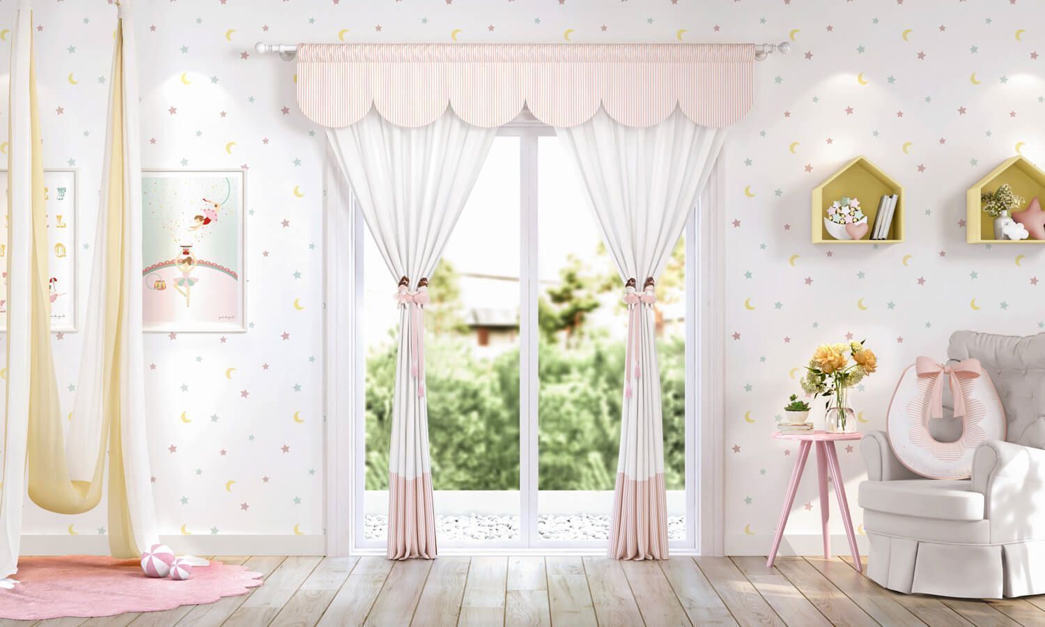 Cortina Bailarina Trapezista Listrada Rosé/Branco