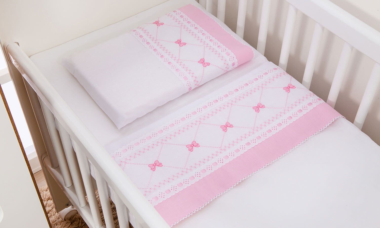 Jogo de Lençol Berço Laço Branco 3 Peças