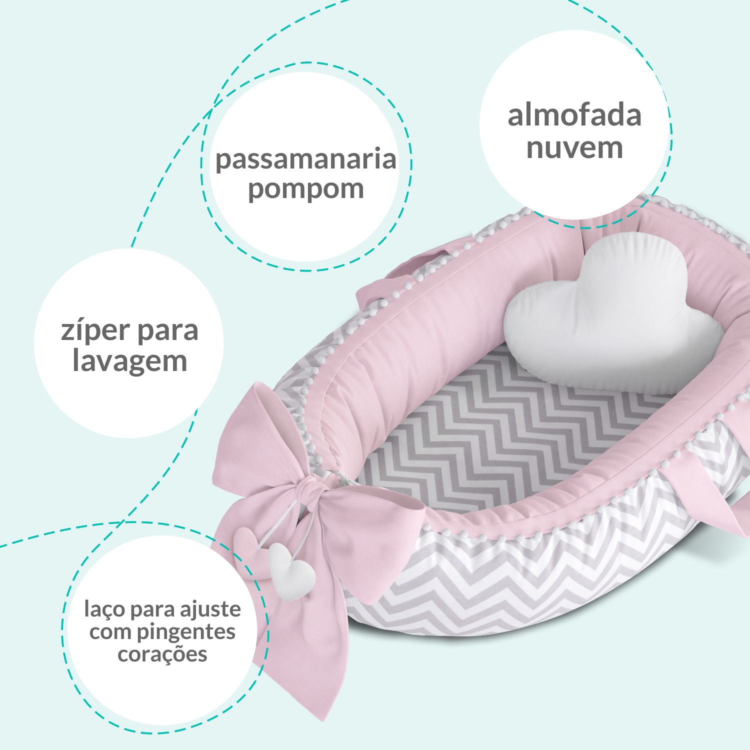 Ninho para Bebê Redutor de Berço Pompom Chevron/Rosa 80cm