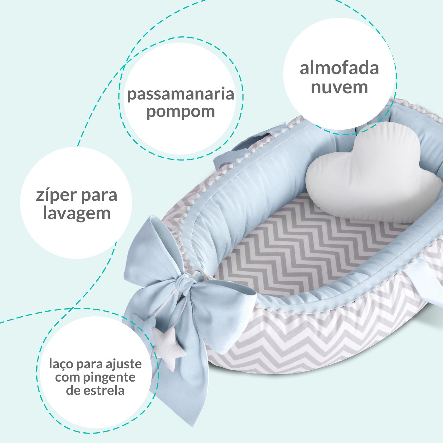 Ninho para Bebê Redutor de Berço Pompom Chevron/Rosa 80cm