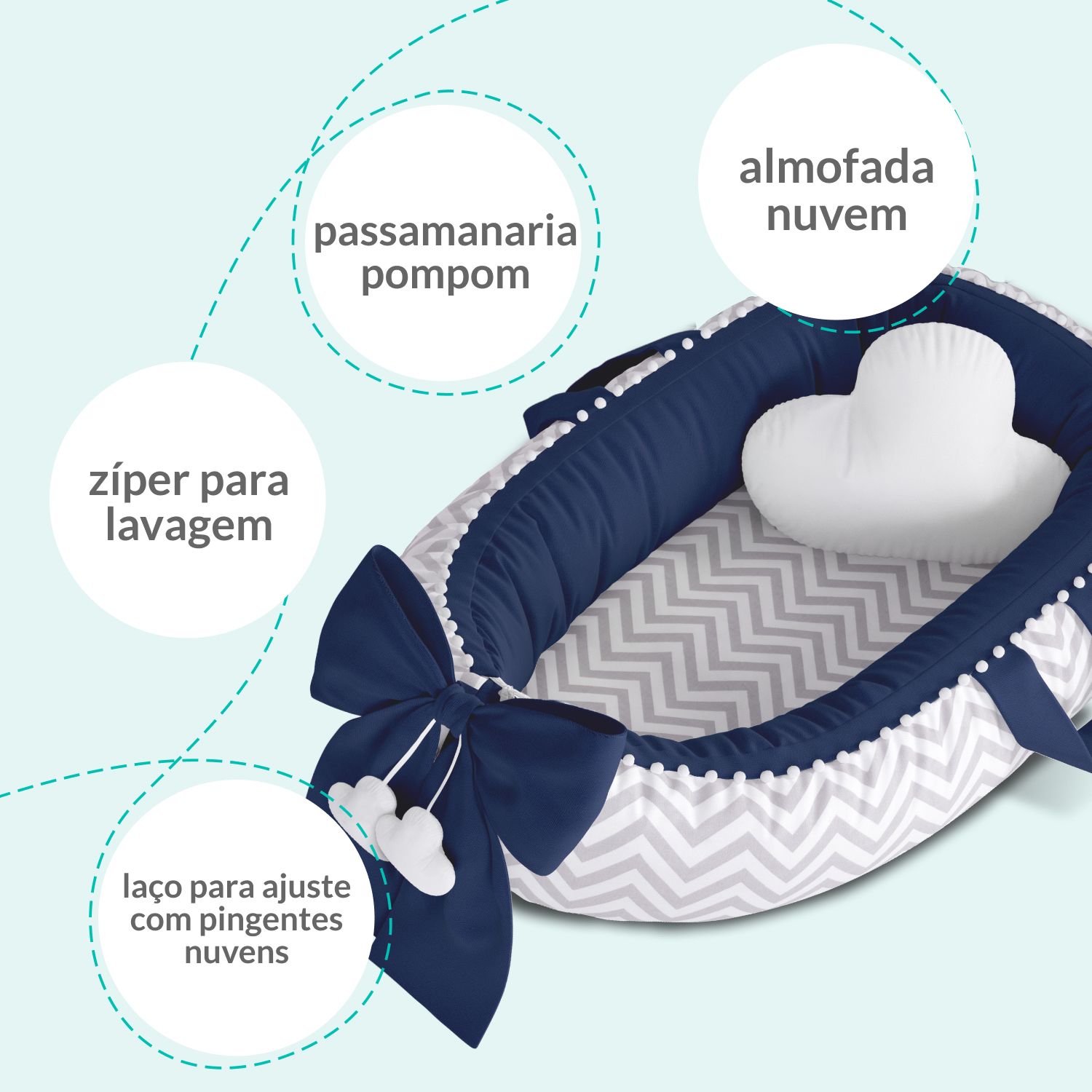 Ninho para Bebê Redutor de Berço Pompom Chevron/Rosa 80cm