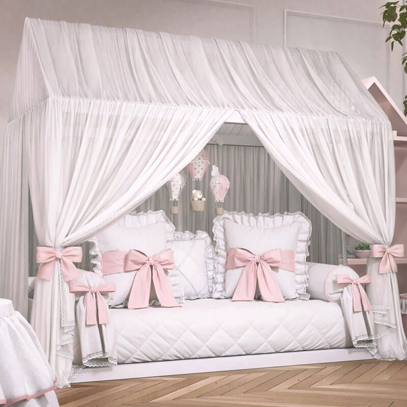 Mosquiteiro para Cama Casinha Voil e Rendinha com Laço Rosa