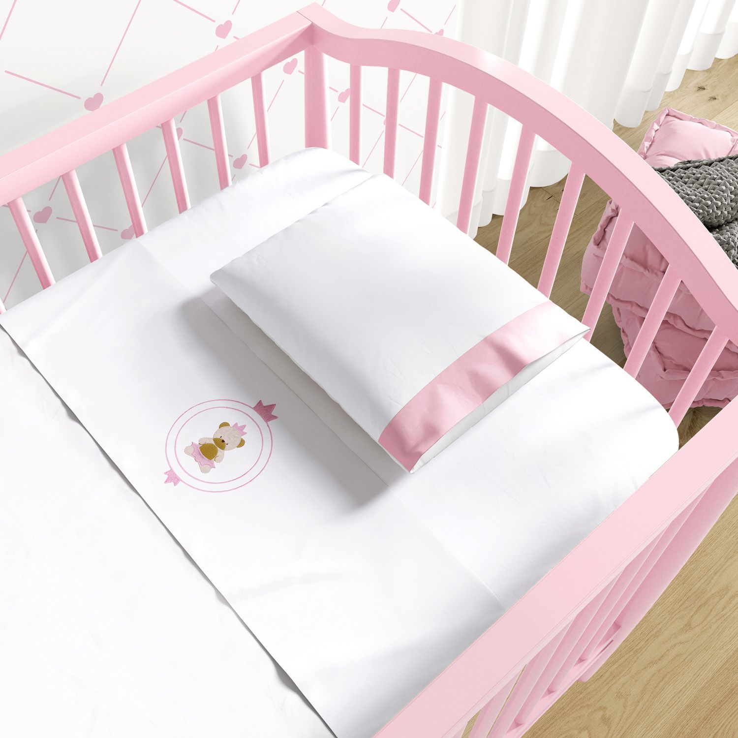 Jogo de Lençol Berço Bordado Urso Teddy Realeza Azul Marinho 3 peças