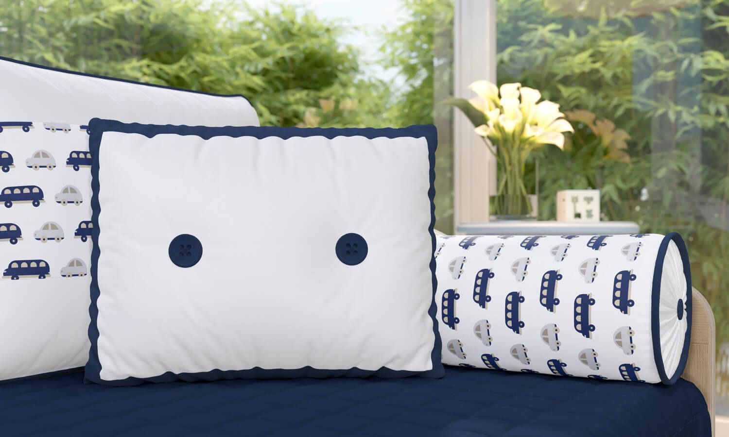 Almofada com Botões Carrinhos Azul 43cm