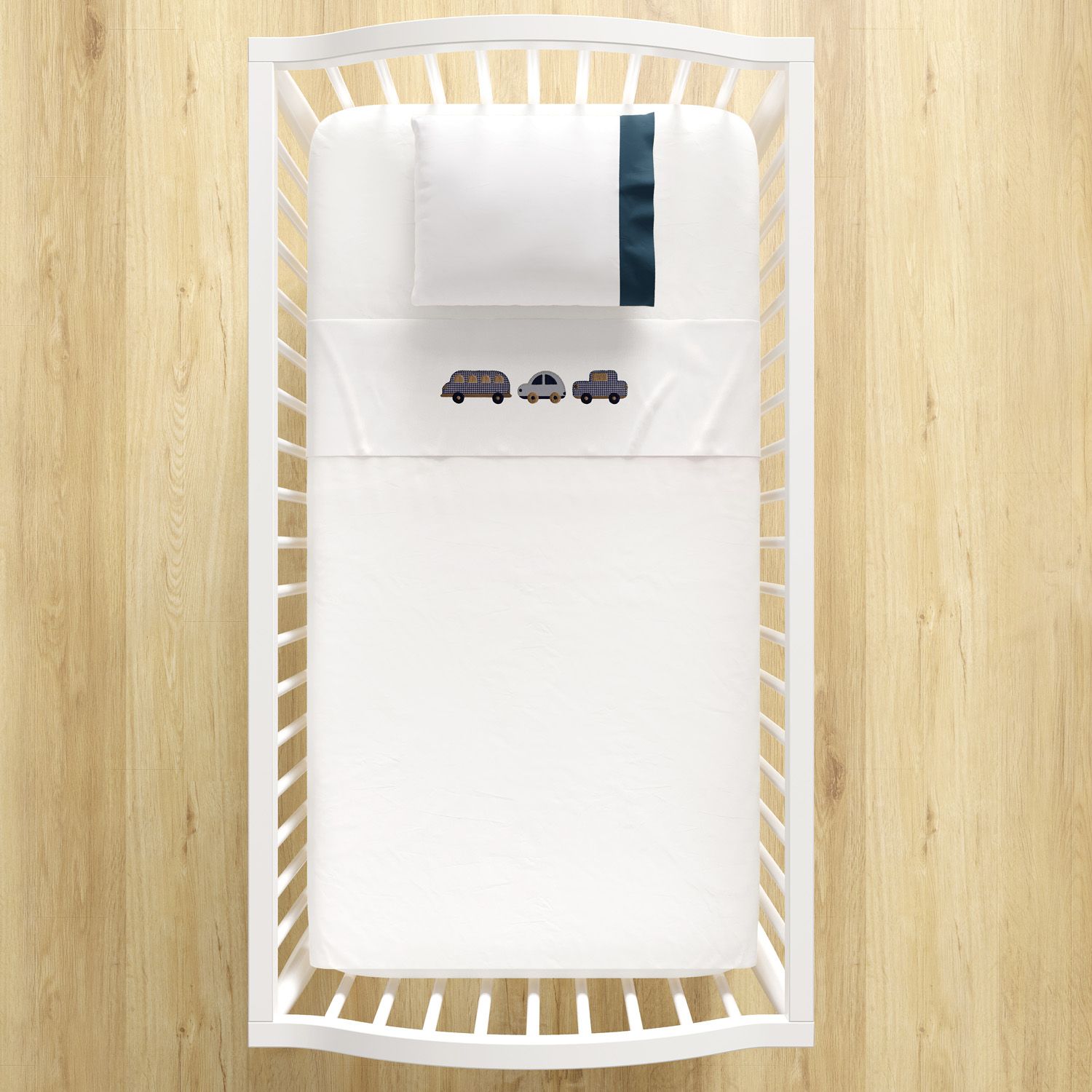 Jogo de Lençol Berço Bordado Carrinhos Azul 3 peças