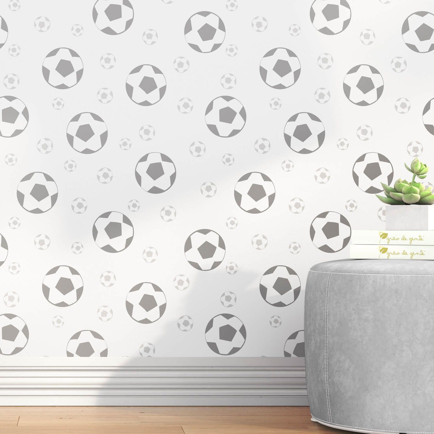 Papel de Parede Bolas de Futebol Cinza 3m