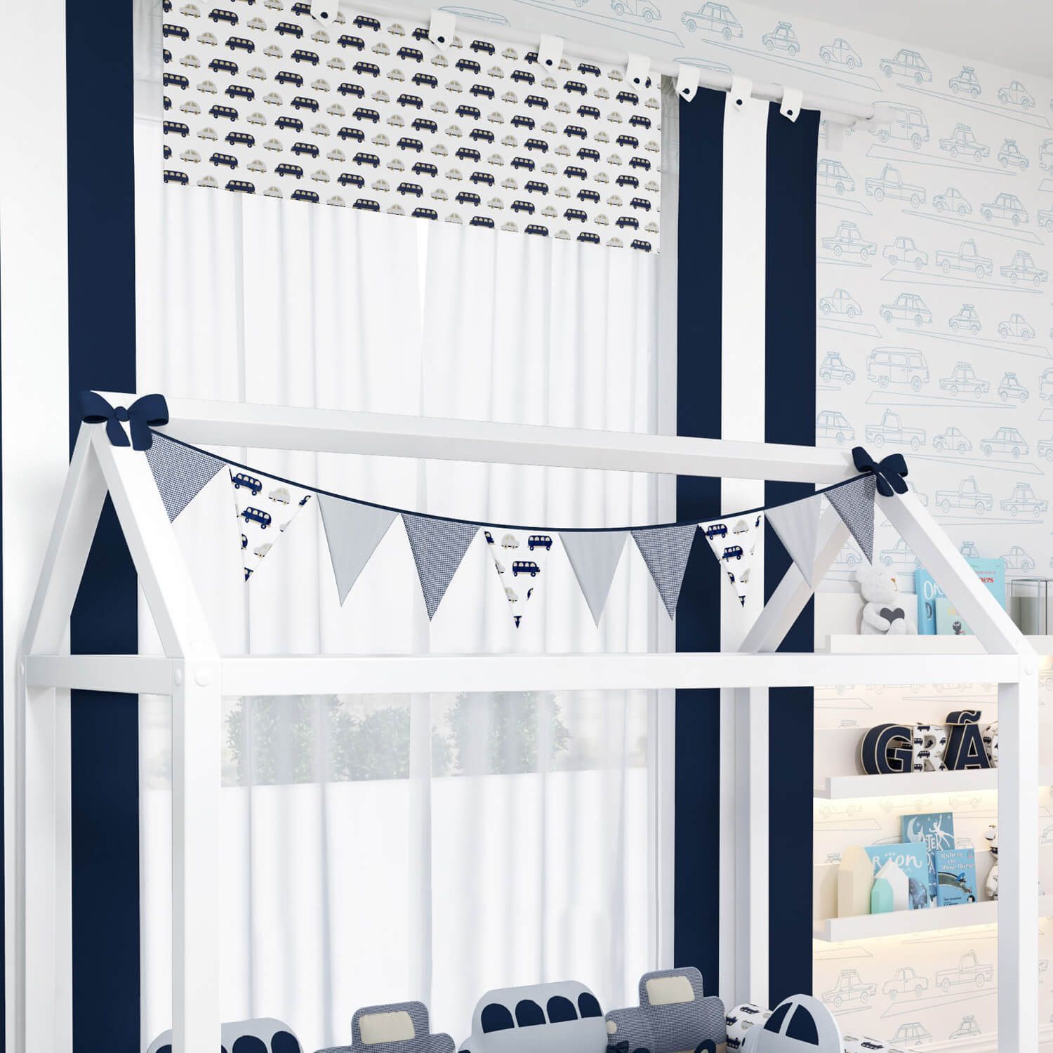 Varal de Cama Bandeirinhas Carrinhos 1,60m