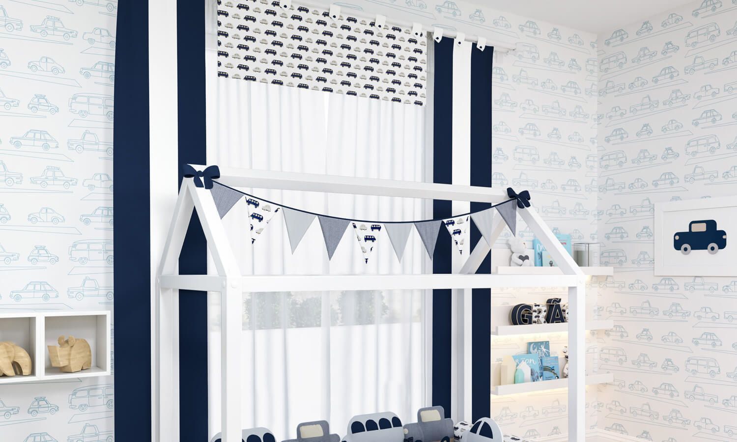 Varal de Cama Bandeirinhas Carrinhos 1,60m