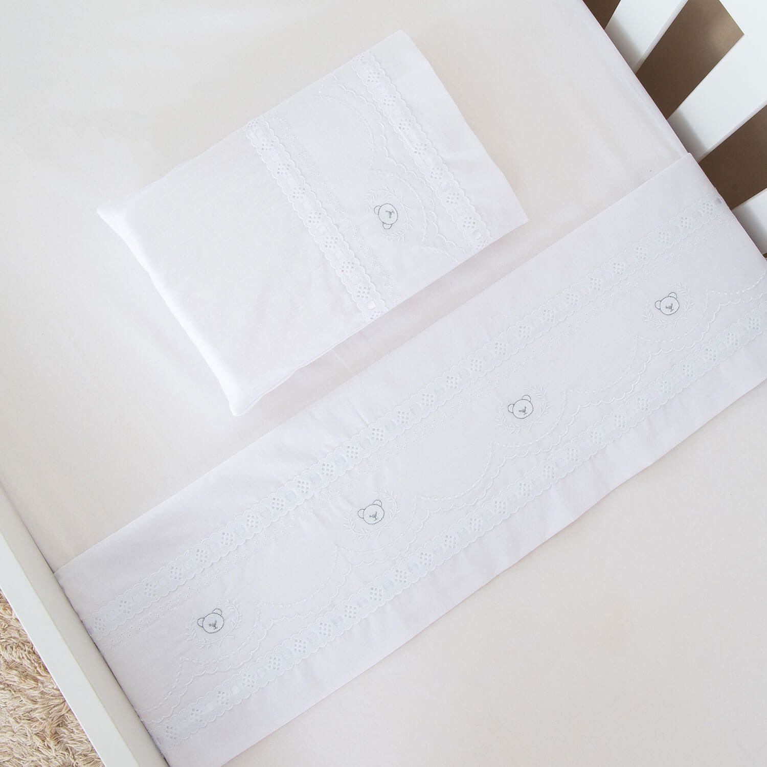 Jogo de Lençol Berço Bordado Ursinho Real Branco 3 Peças