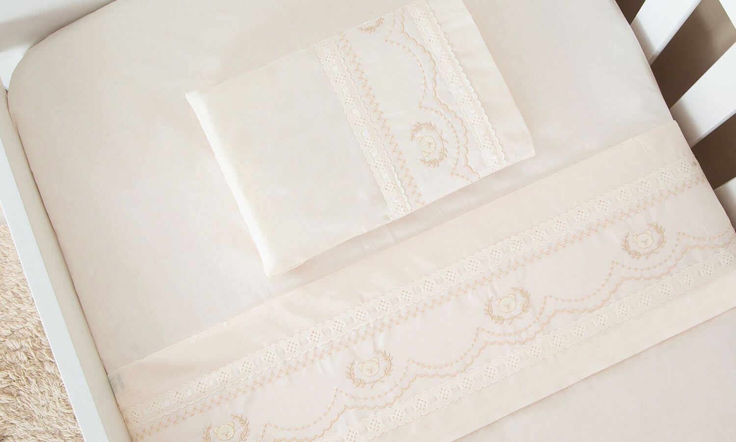 Jogo de Lençol Berço Bordado Ursinho Real Branco 3 Peças