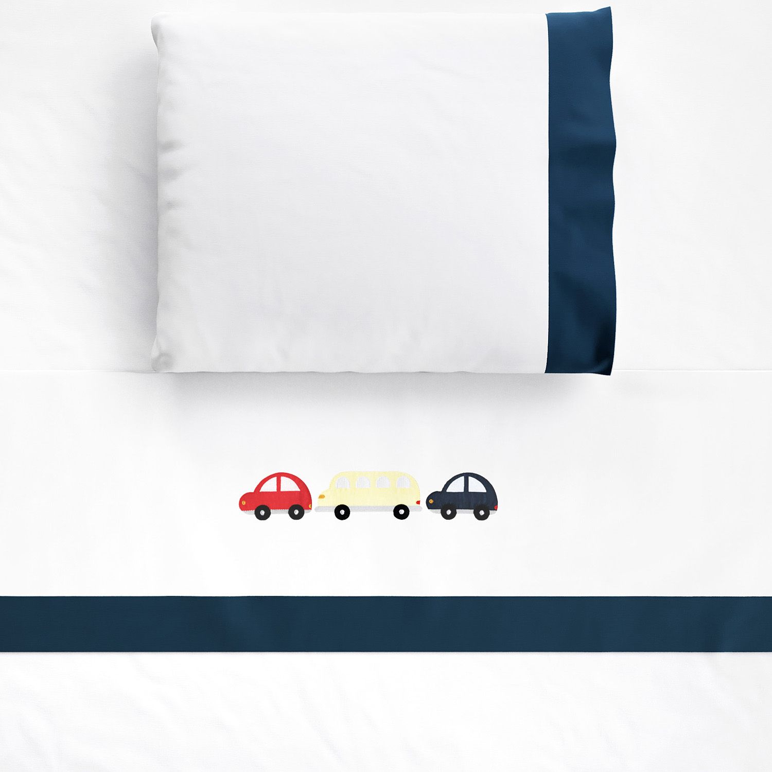 Jogo de Lençol Berço Bordado Carrinhos Azul Bebê 3 Peças