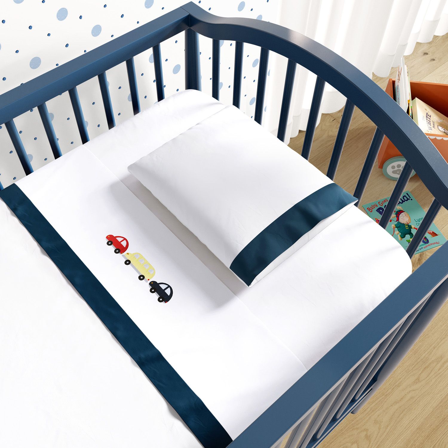 Jogo de Lençol Berço Bordado Carrinhos Azul Bebê 3 Peças