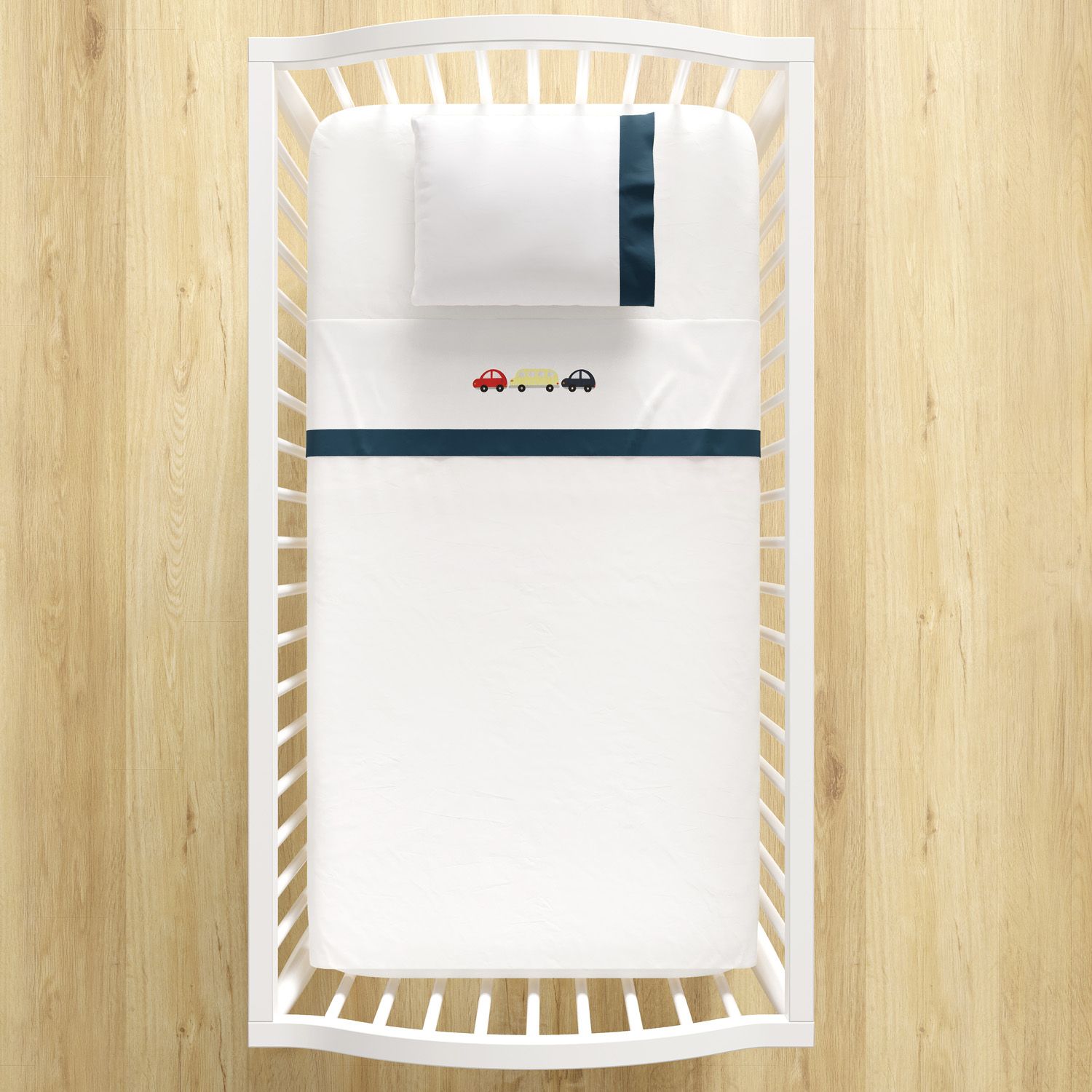 Jogo de Lençol Berço Bordado Carrinhos Azul Bebê 3 Peças