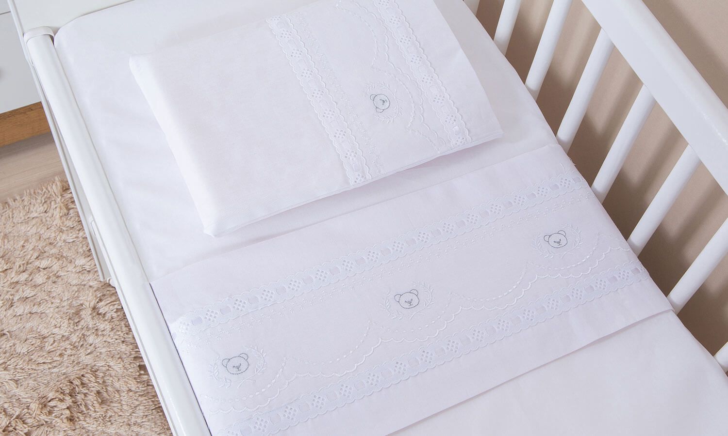 Jogo de Lençol Mini Berço Ursinho Real Branco