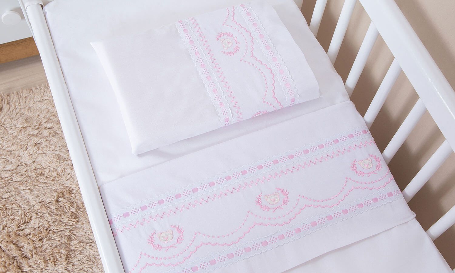 Jogo de Lençol Mini Berço Ursinho Real Branco