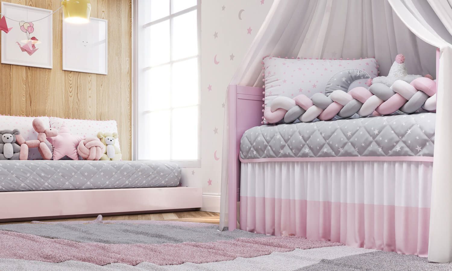 Kit Berço Trança Estrelinhas e Pompons Rosa