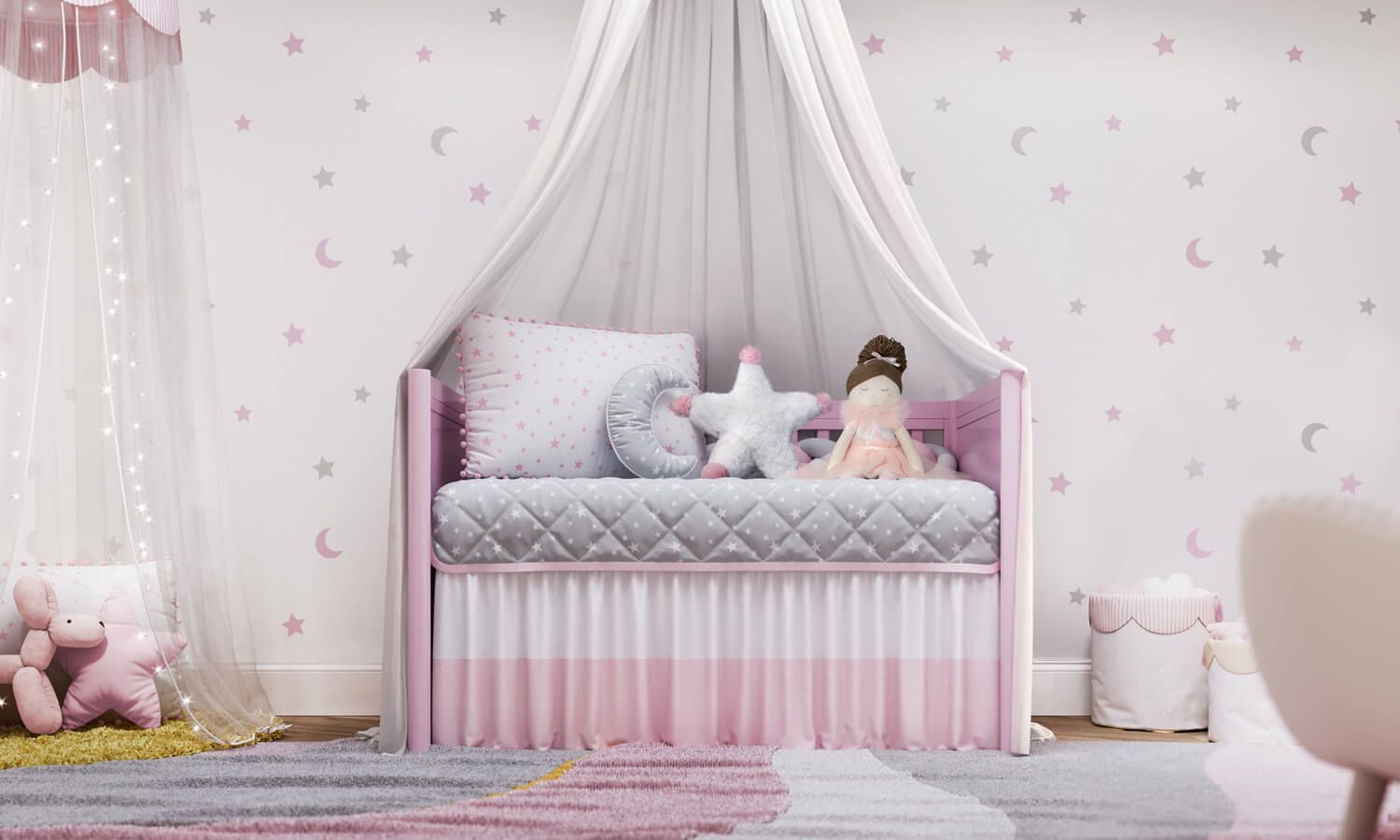 Kit Berço Trança Estrelinhas e Pompons Rosa