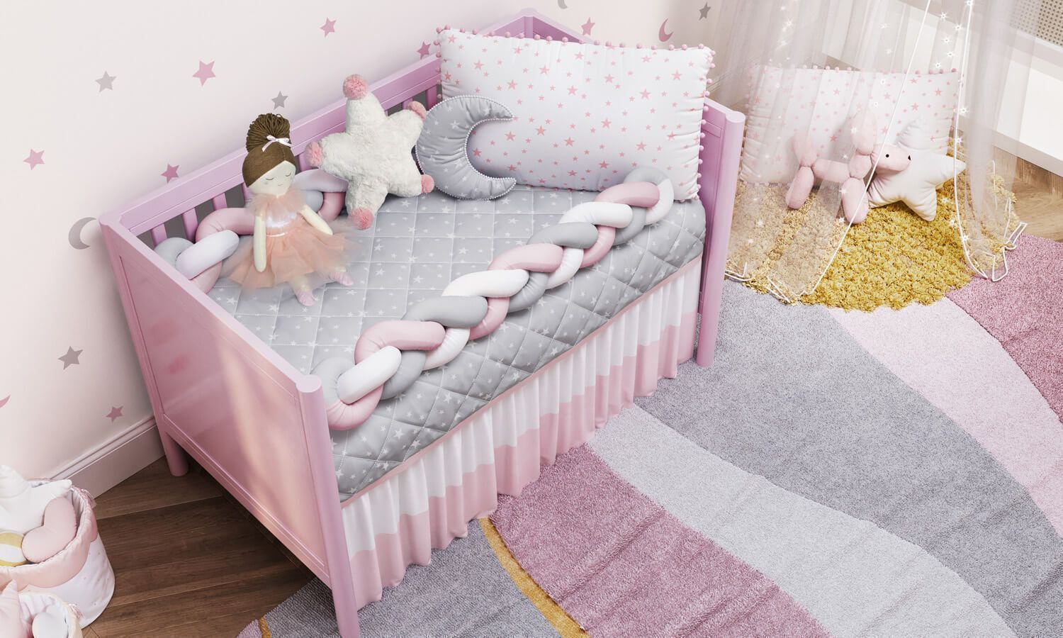 Kit Berço Trança Estrelinhas e Pompons Rosa