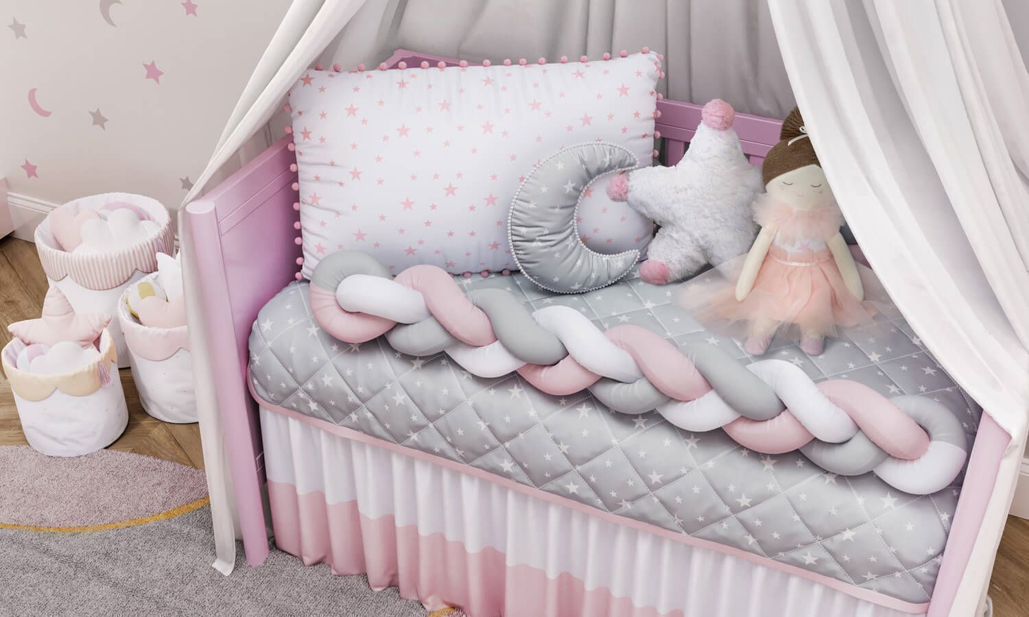 Kit Berço Trança Estrelinhas e Pompons Rosa