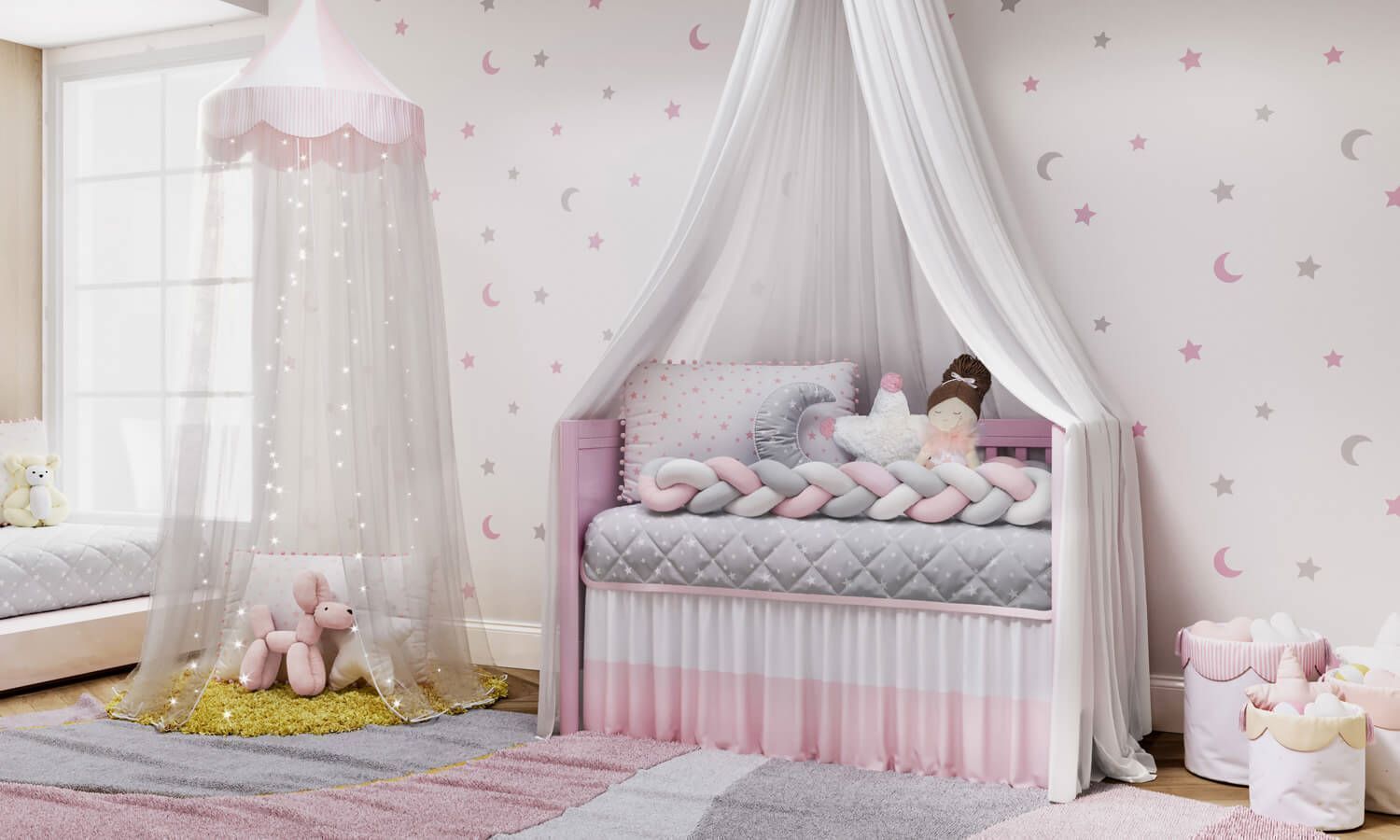 Kit Berço Trança Estrelinhas e Pompons Rosa