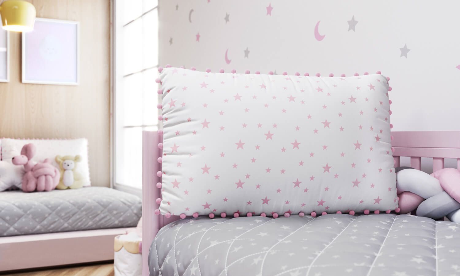 Kit Berço Trança Estrelinhas e Pompons Rosa