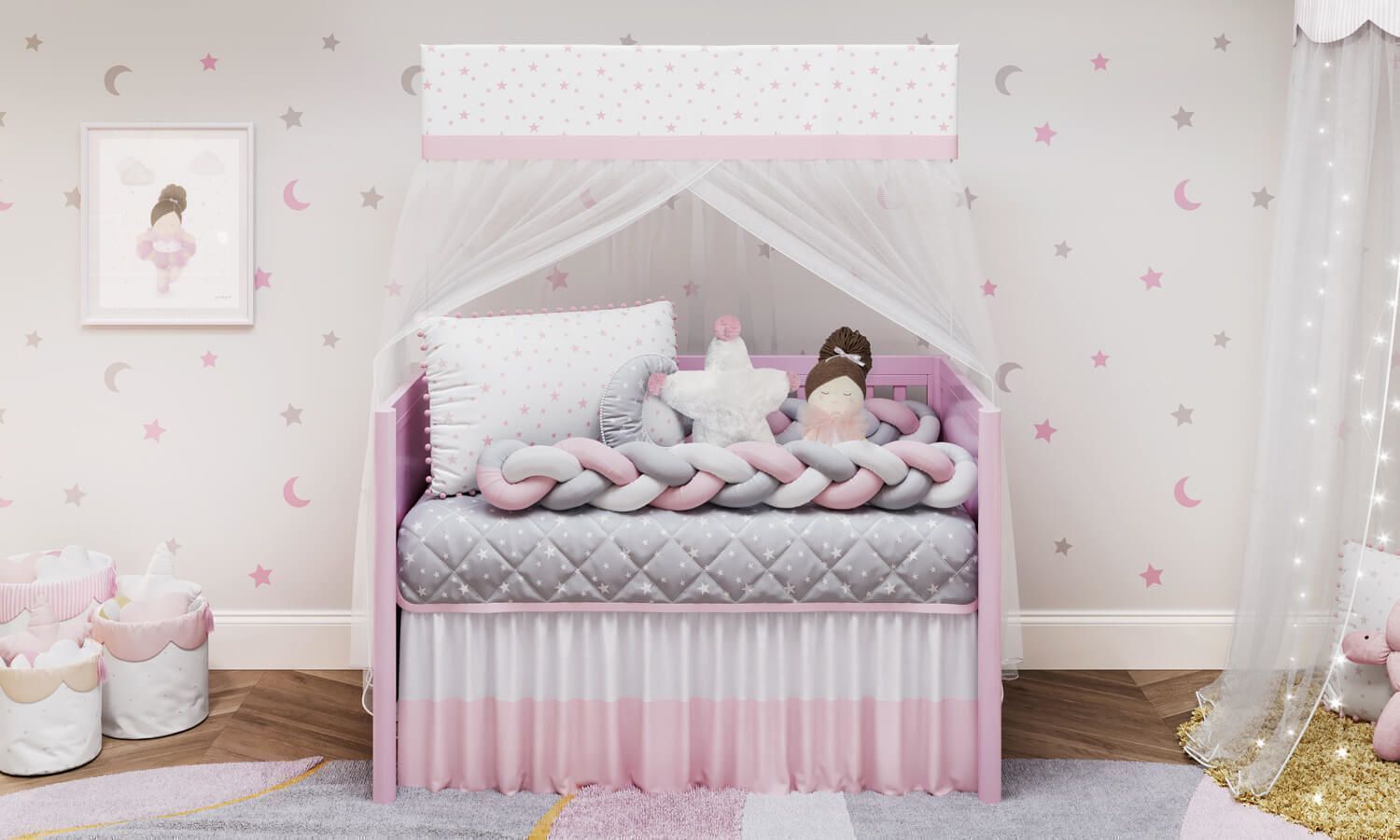 Kit Berço Trança Estrelinhas e Pompons Rosa