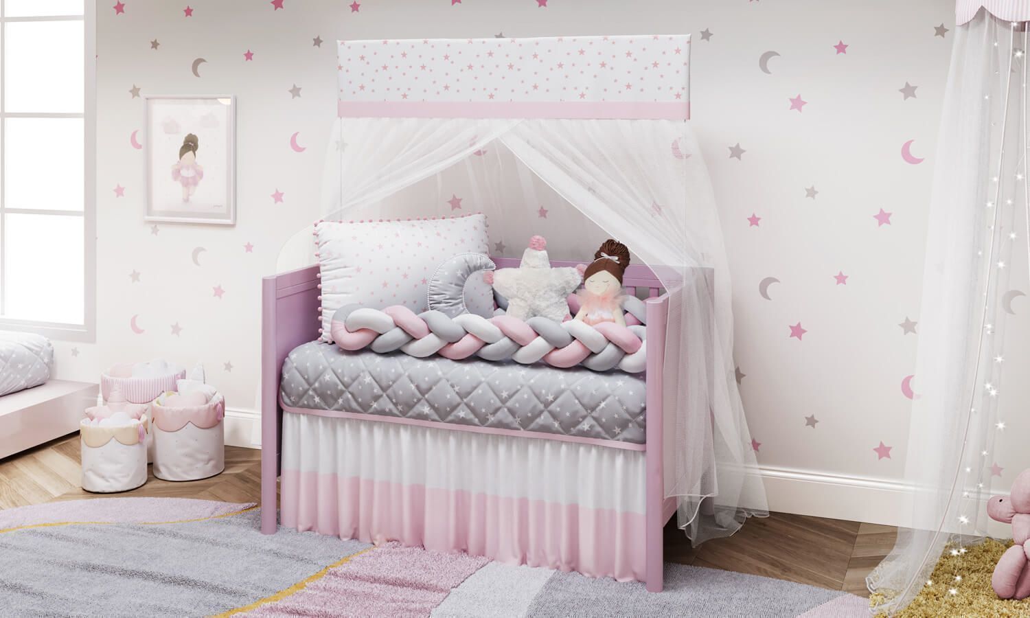 Kit Berço Trança Estrelinhas e Pompons Rosa