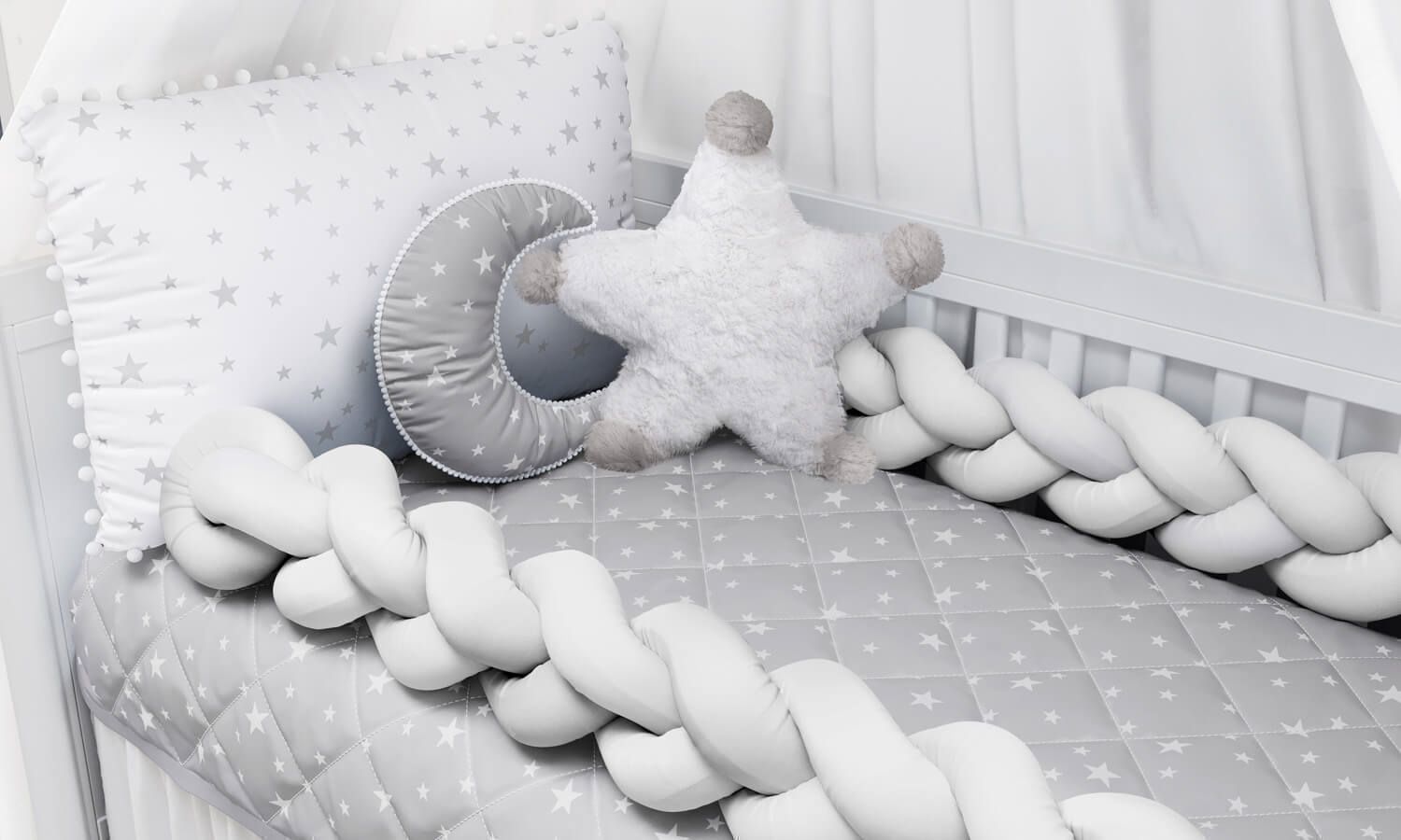 Kit Berço Trança Estrelinhas e Pompons Rosa