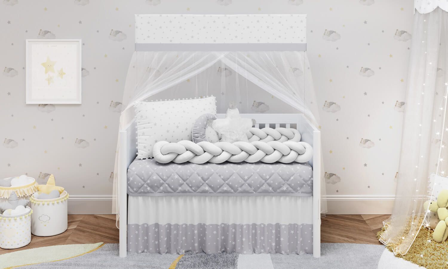 Kit Berço Trança Estrelinhas e Pompons Rosa