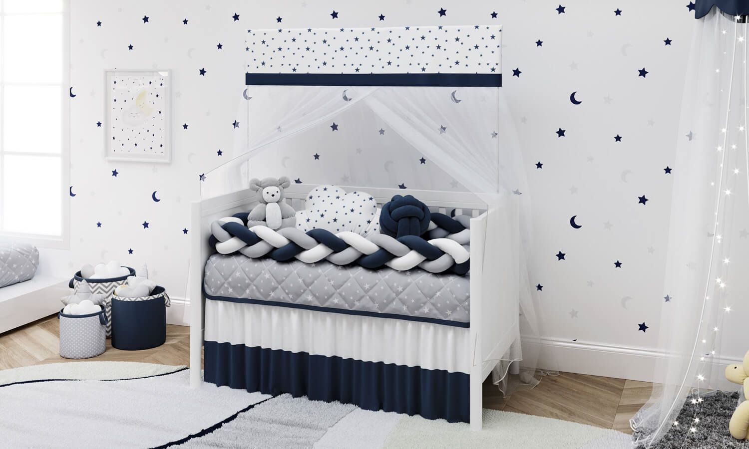 Kit Berço Trança Estrelinhas Rosa