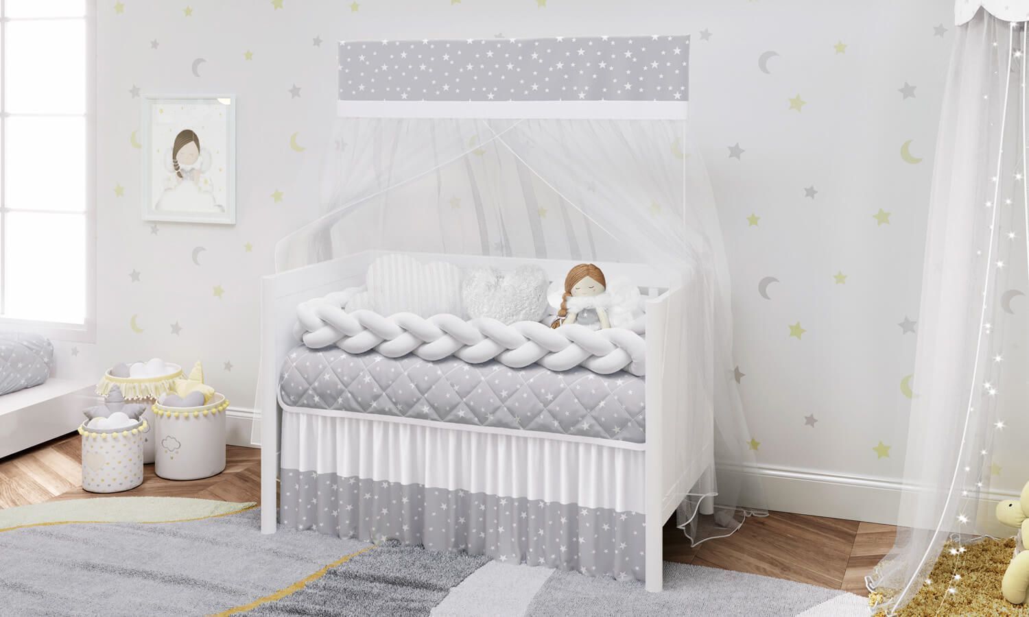Kit Berço Trança Estrelinhas Branco