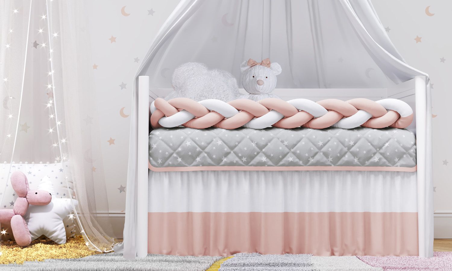 Kit Berço Trança Estrelinhas Rosa