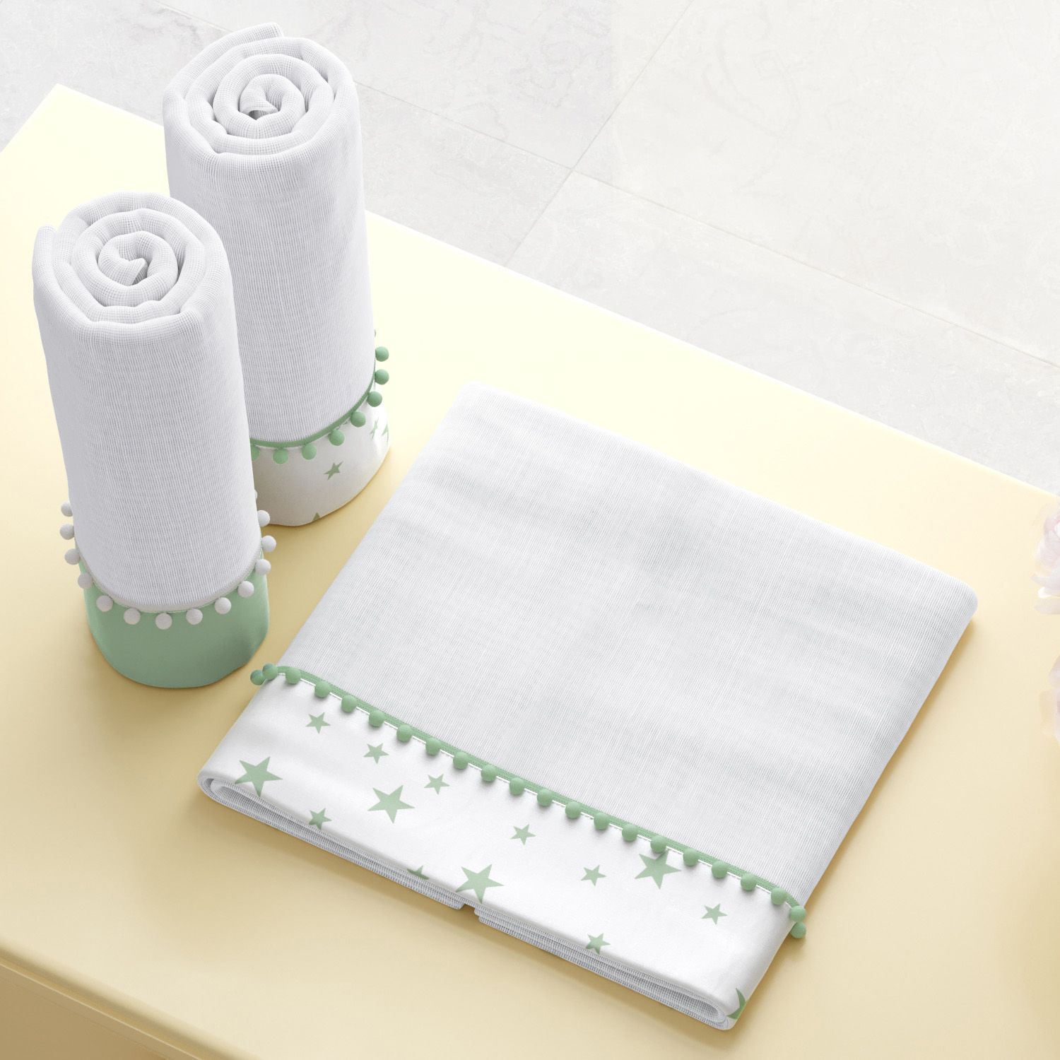 Jogo de Fraldas de Ombro Barra Estrelinhas Verde com Pompom