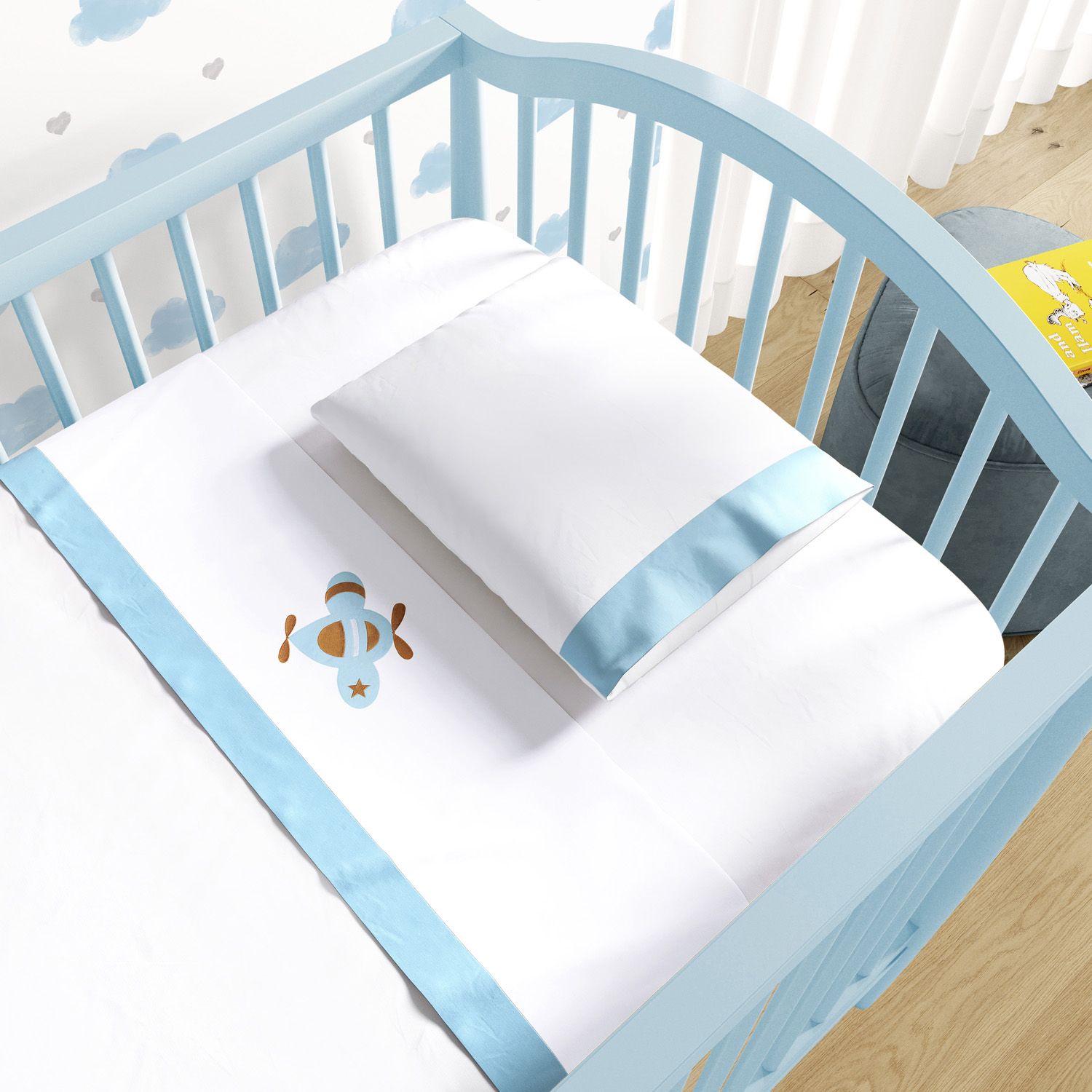 Jogo de Lençol Berço Bordado Urso Aviador 3 peças