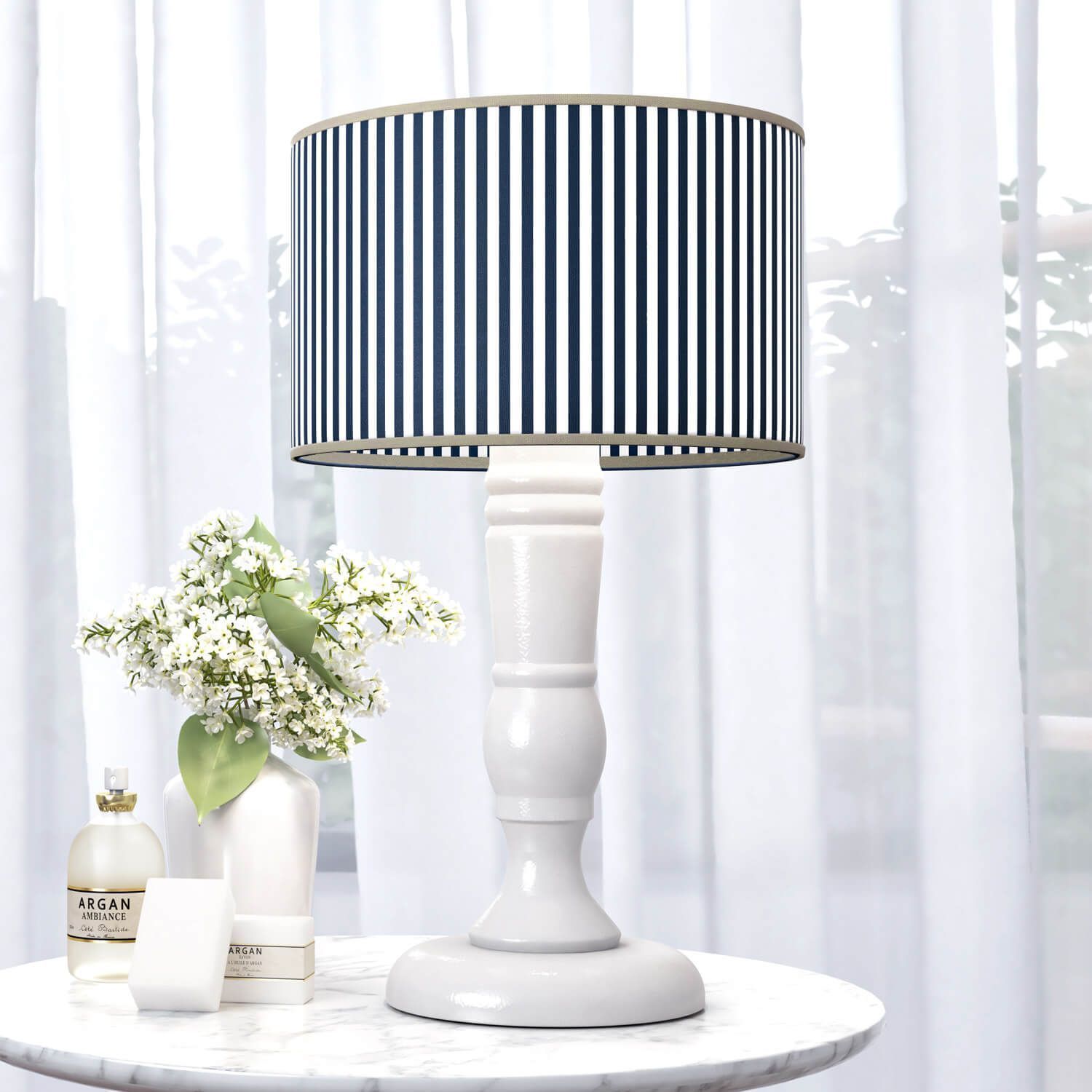 Abajur Madeira Listrado Branco/Azul