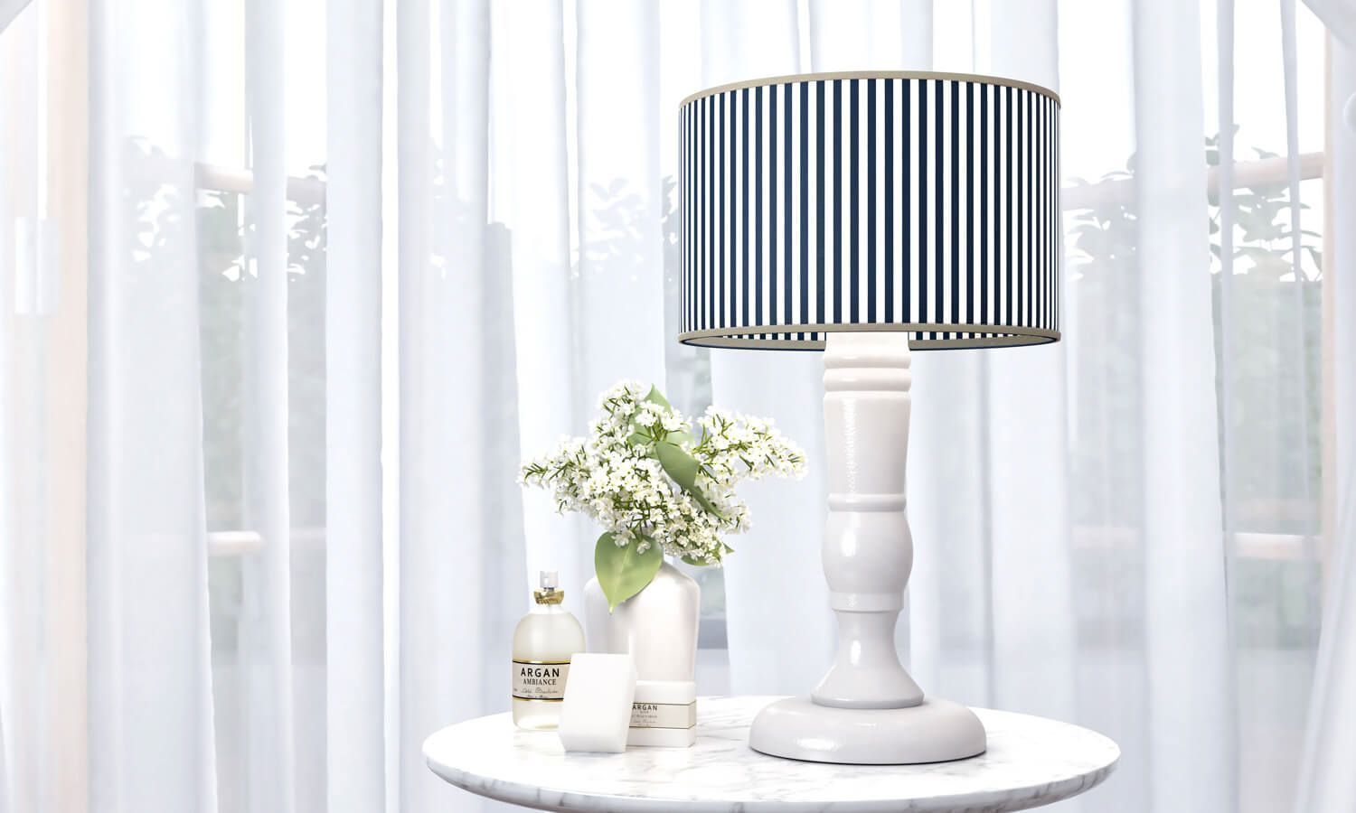 Abajur Madeira Listrado Branco/Azul