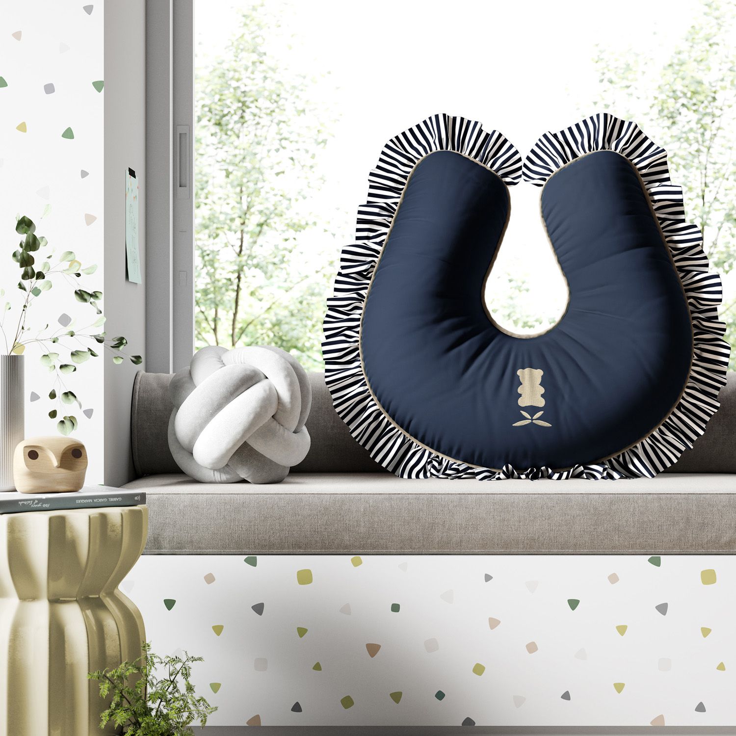 Almofada Amamentação Urso Luxo Branco e Azul Marinho