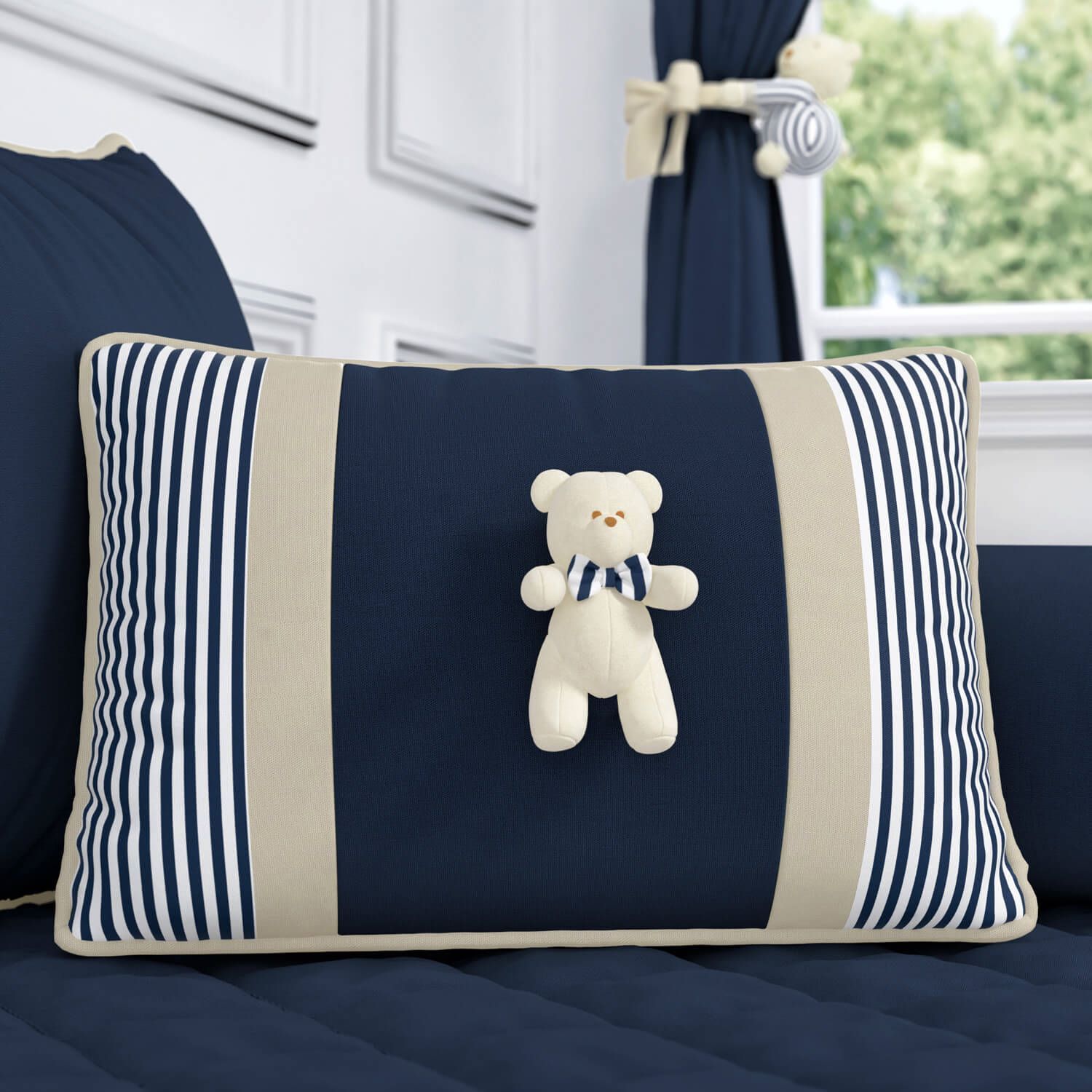 Almofada Retangular Tricot Ursinho Listrada Azul Marinho e Bege 43cm