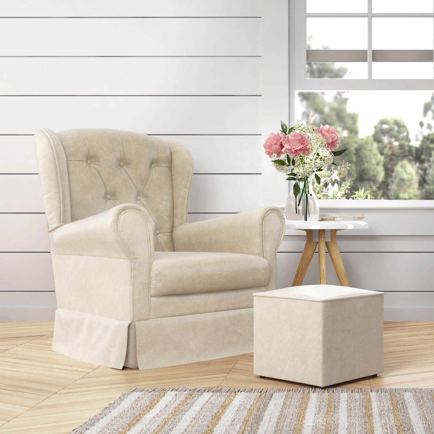 Poltrona Amamentação Balanço com Puff Provençal Palha