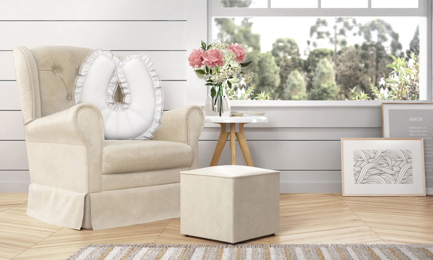 Poltrona Amamentação Balanço com Puff Provençal Palha